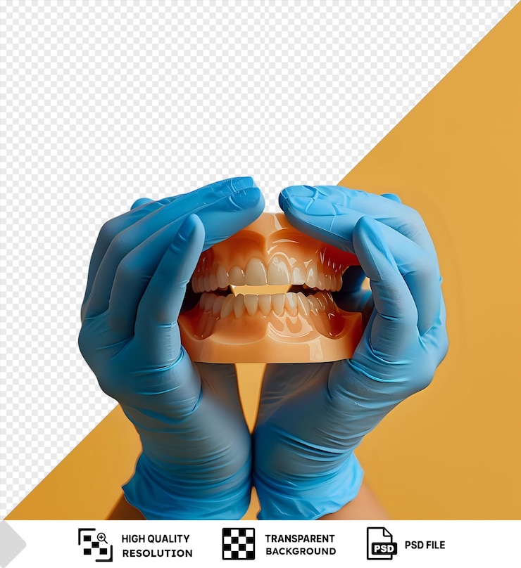 PSD dental prothetists hand holding a tooth in front of a yellow wall with a blue hand and finger visible in the foreground and an orange mouth in the background png
