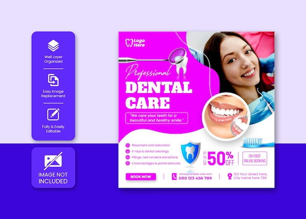 치과 의사 및 치과 치료 Instagram 게시물 또는 소셜 미디어 배너 템플릿