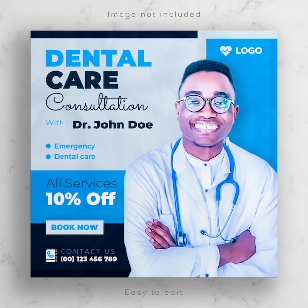 PSD dentist and dental care instagram post and social media banner or square flyer, poster template design.