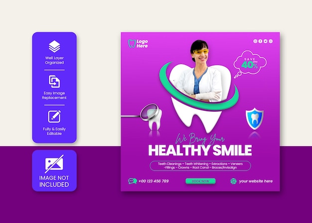 PSD dentist and dental care instagram post or social media banner template