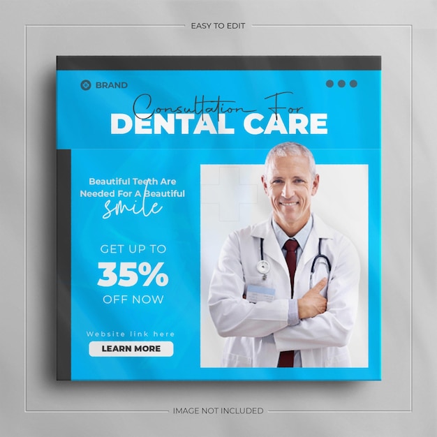 Banner di social media per l'assistenza sanitaria del dentista e flyer quadrato design.