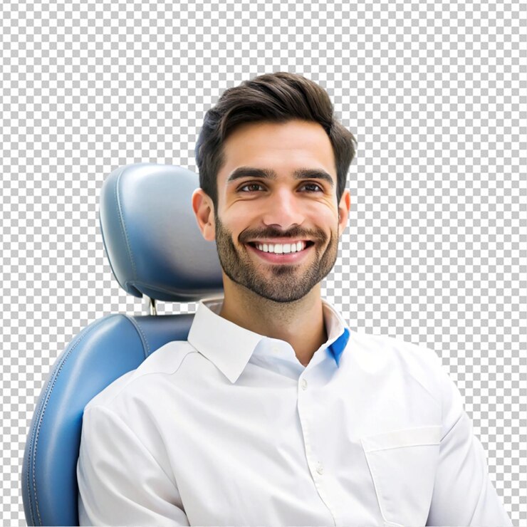 PSD at a dentist with a smile on white background