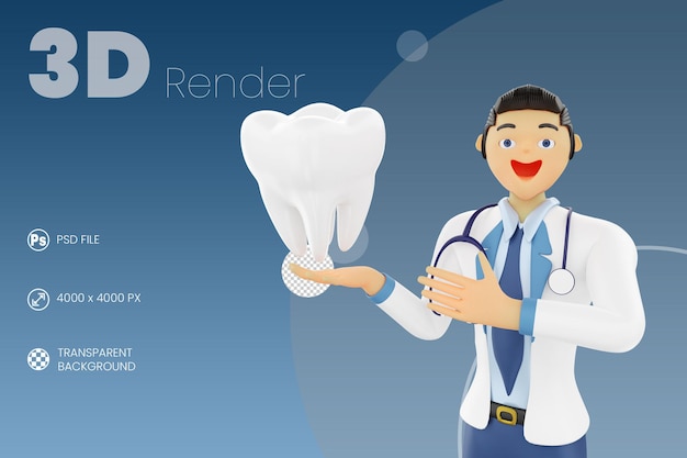 Dentysta z zębami 3D render na białym tle