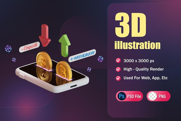 PSD Депозит, снятие или обмен криптовалюты и долларов 3d рендеринг