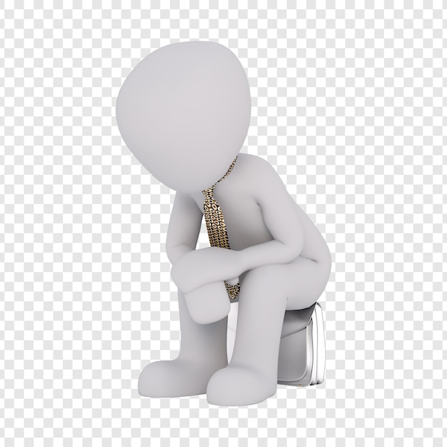 a depressed 3d cartoon man sitting and thinking