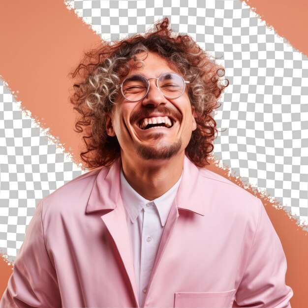 A depressed adult man with curly hair from the mongolic ethnicity dressed in pharmacist attire poses in a eyes closed with a smile style against a pastel salmon background