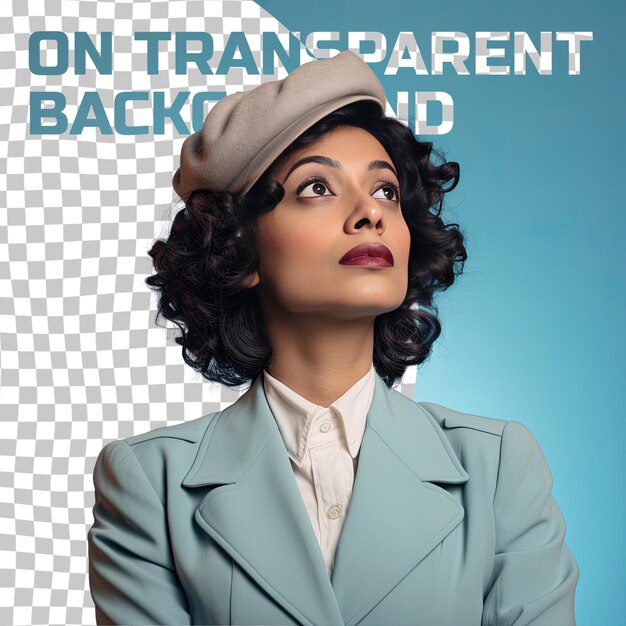 A depressed adult woman with curly hair from the south asian ethnicity dressed in banker attire poses in a gaze through a prop like a hat style against a pastel sky blue background