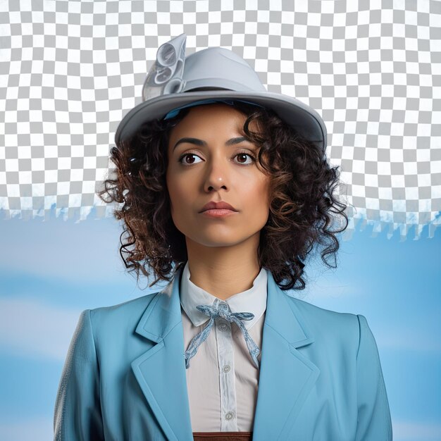 PSD a depressed adult woman with curly hair from the south asian ethnicity dressed in banker attire poses in a gaze through a prop like a hat style against a pastel sky blue background