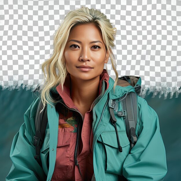 PSD a depressed middle aged woman with blonde hair from the southeast asian ethnicity dressed in forester attire poses in a one hand on waist style against a pastel turquoise background