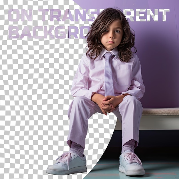 PSD a depressed preschooler boy with long hair from the asian ethnicity dressed in podiatrist attire poses in a sitting with legs stretched out style against a pastel lilac background