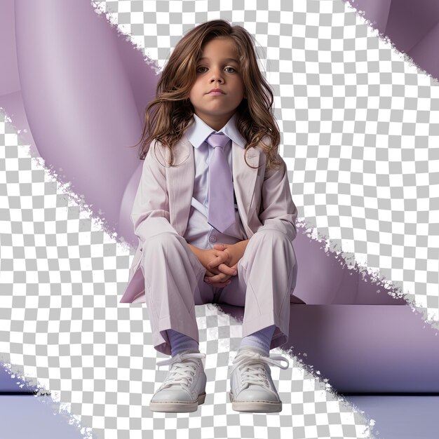 PSD a depressed preschooler boy with long hair from the asian ethnicity dressed in podiatrist attire poses in a sitting with legs stretched out style against a pastel lilac background