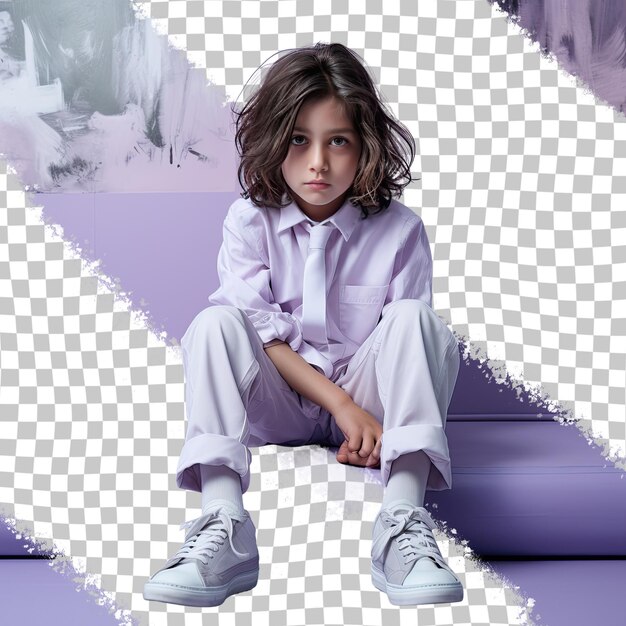 PSD a depressed preschooler boy with long hair from the asian ethnicity dressed in podiatrist attire poses in a sitting with legs stretched out style against a pastel lilac background