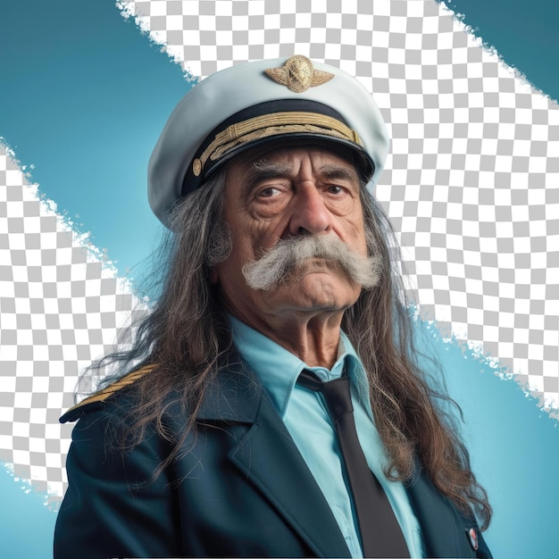 PSD a depressed senior man with long hair from the uralic ethnicity dressed in logistician attire poses in a close up of lips style against a pastel sky blue background