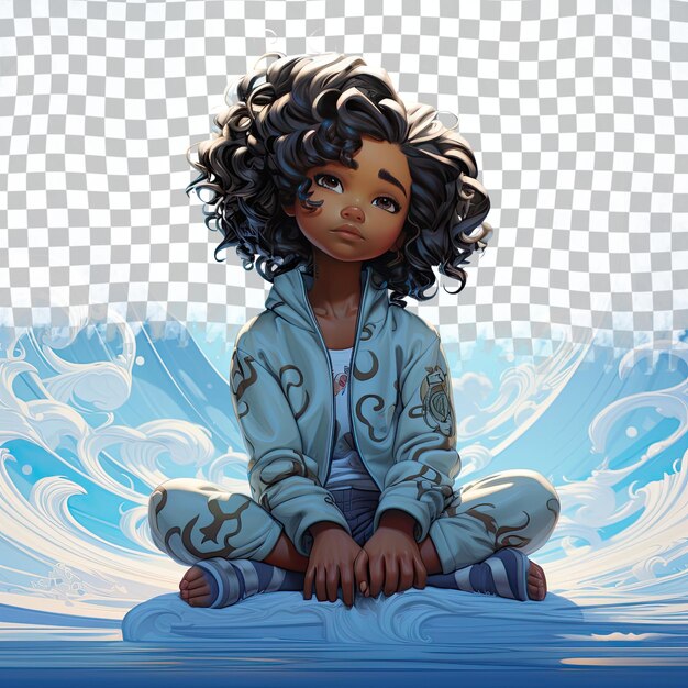 A depressed toddle girl with short hair from the african american ethnicity dressed in surfing waves attire poses in a graceful floor seating style against a pastel sky blue background