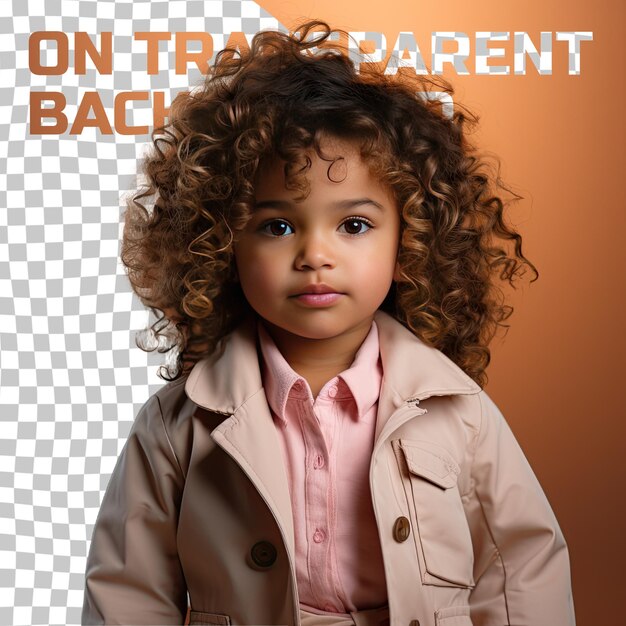 PSD a depressed toddler woman with curly hair from the pacific islander ethnicity dressed in molecular biologist attire poses in a holding collar of jacket style against a pastel cream backgroun