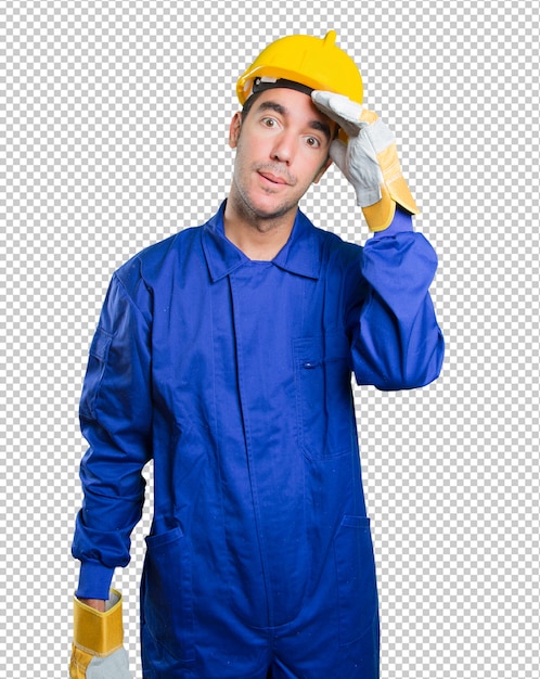 PSD depressed workman on white background