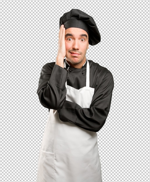 PSD depressed young chef posing