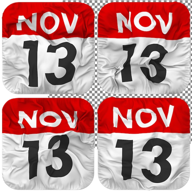 PSD dertiende 13 november datum kalender icoon geïsoleerd vier zwaaiende stijl bump textuur 3d rendering