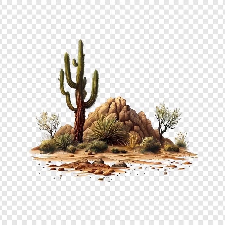 PSD desert oasis scene acacia tree cactus rocks sand plants