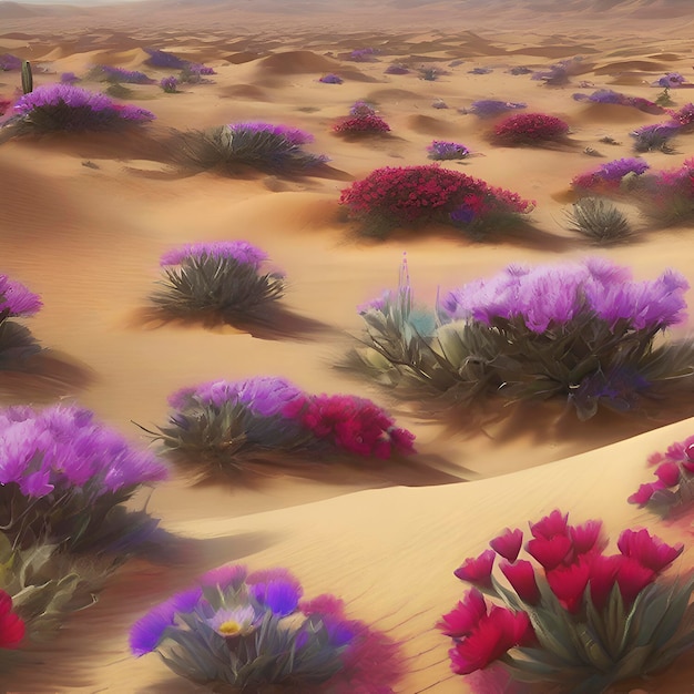PSD 太陽の下で色とりどりの砂漠の花を持つ砂漠 aig生成