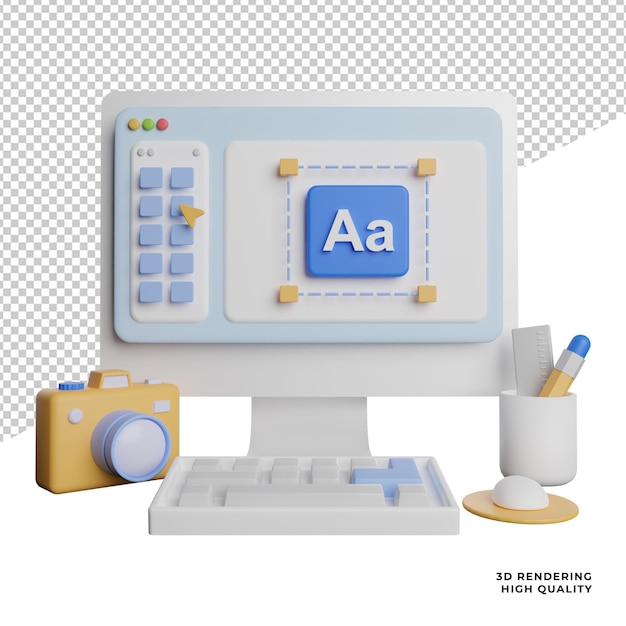 PSD grafica di design su gadget vista frontale icone 3d rendering illustrazione su sfondo trasparente