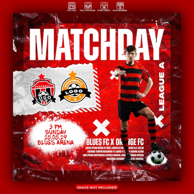 PSD design postów na instagramie w dniu meczu w lidze piłkarskiej