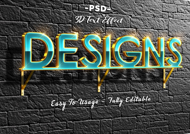 PSD designs 3d blue golden text effect on wall