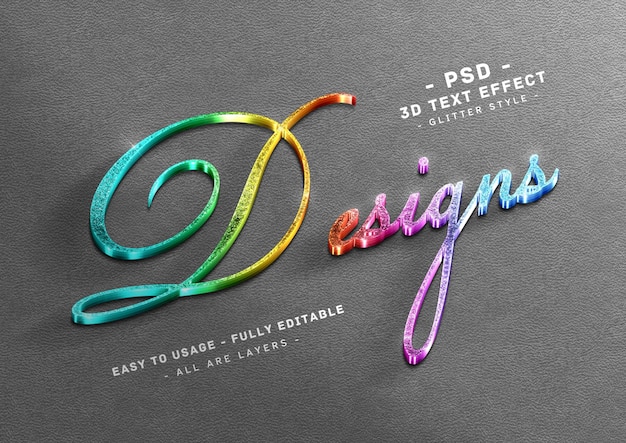 Designs 3d colors glitter text style effect