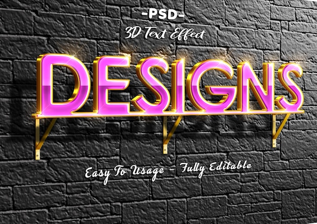 PSD designs 3d purple golden text effect on wall