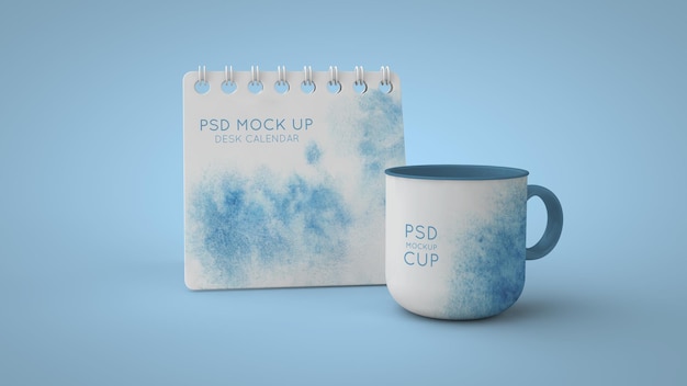 Desk calendar and cup  PSD mockup 3d render