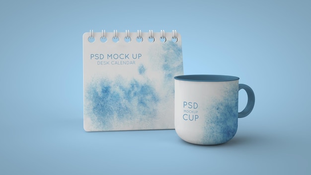 Calendario da tavolo e tazza psd mockup 3d rendering