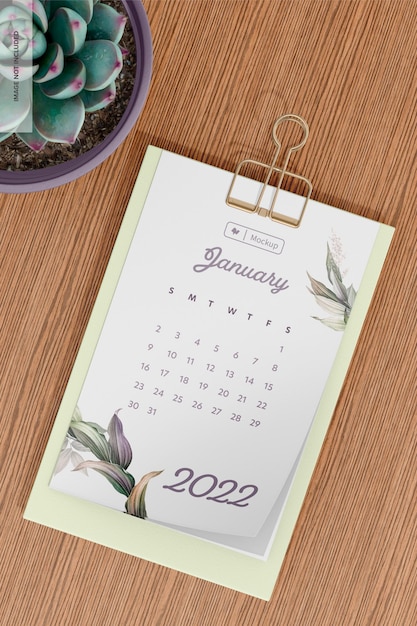 Calendario da tavolo mockup, vista dall'alto