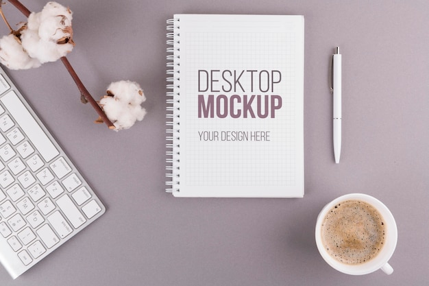 PSD desk concept with notebook and coffee