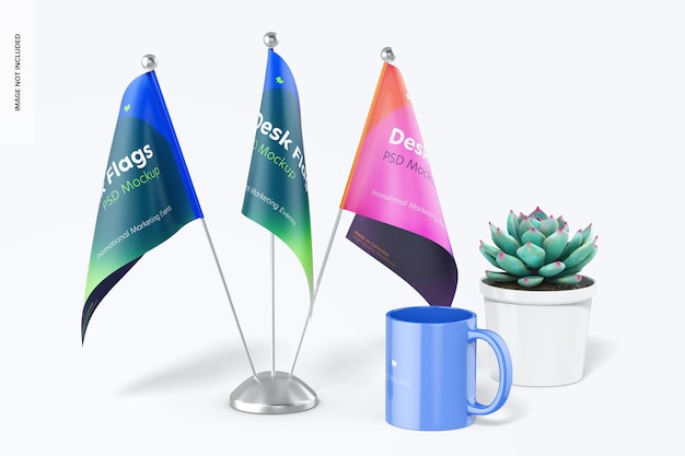 PSD desk flags mockup, front view