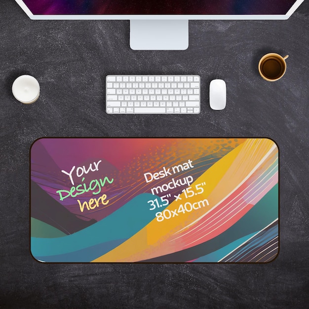 PSD desk mat desk pad mockup for size 80x40 cm 31x15in on tabletop for print on demand