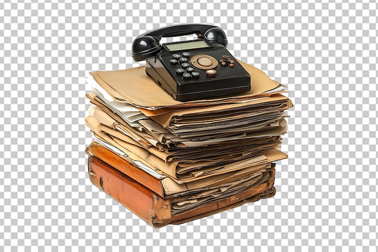 PSD a desk with documents old phone isolated on transparent background