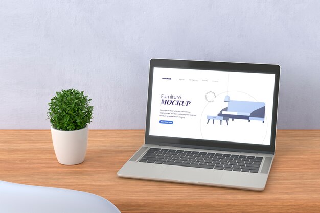 PSD ラップトップ デバイスのモックアップを備えたデスク