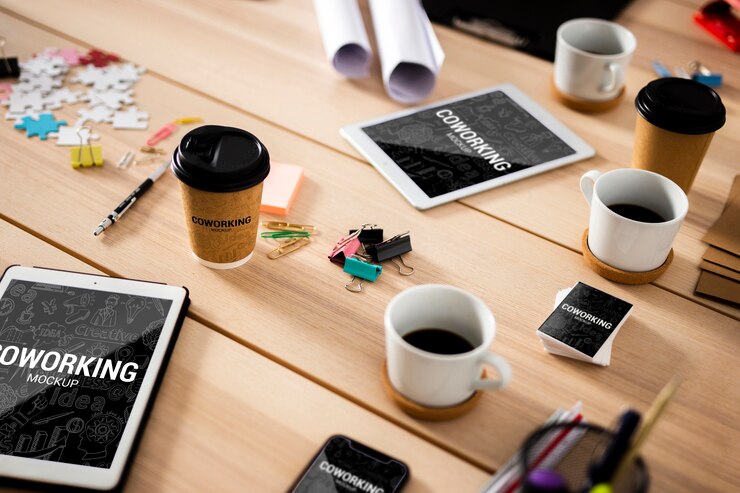 PSD desk with modern devices at office