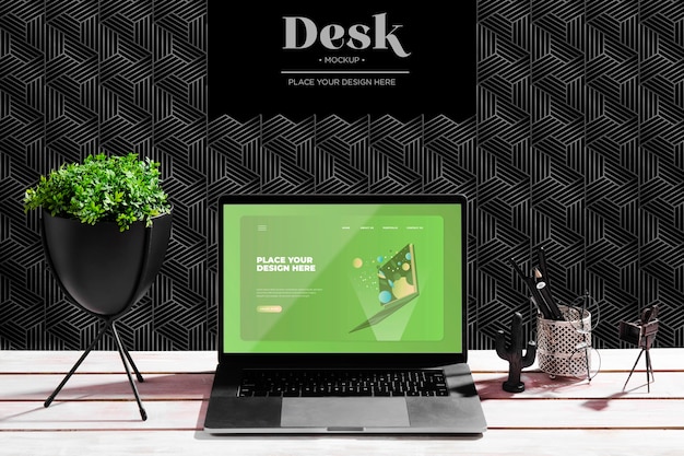 Desk with plant and laptop