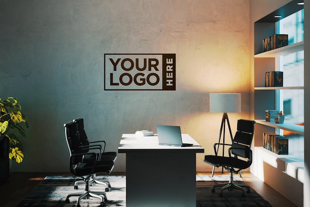 A desk with a sign that says your logo here