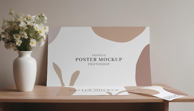 PSD a desk with white empty papers mockup on wall a vase of white flowers