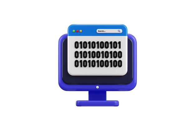 Desktop Binary Code icon 3d render concept of computer monitor displaying binary code software icon