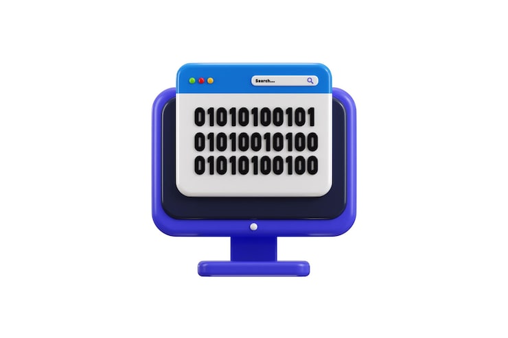 PSD desktop binary code icon 3d render concept of computer monitor displaying binary code software icon