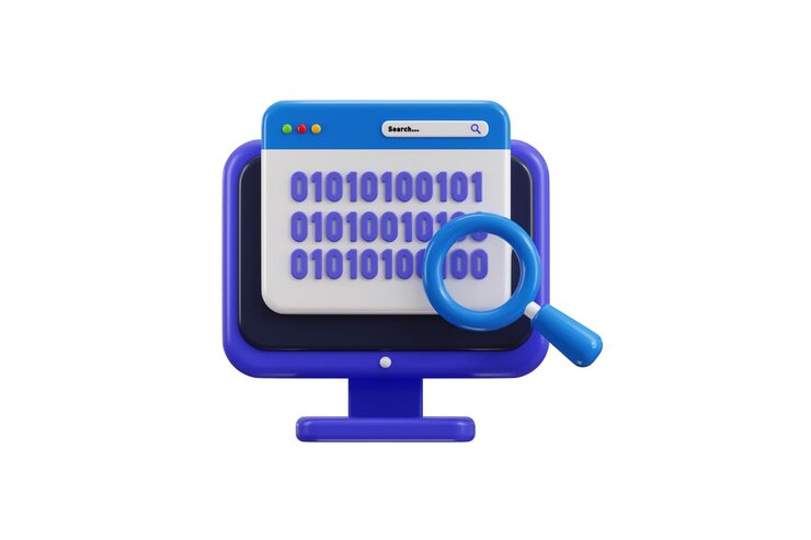 PSD 데스크톱 이진 코드 검색 아이콘, 이진 코드 아이콘을 표시하는 컴퓨터 모니터의 3d 렌더링 개념