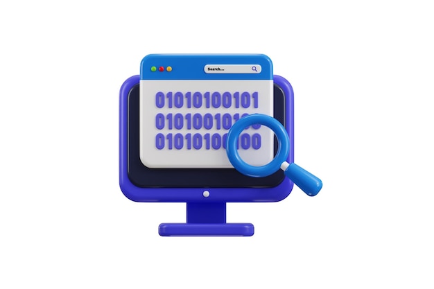 Desktop Binary Code Search icon 3d render concept of computer monitor displaying binary code icon