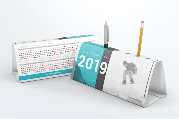 PSD desktop calendars with pen holder mockup