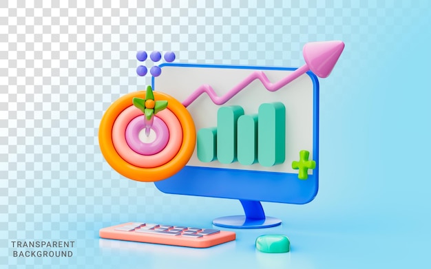 Grafico desktop freccia su con occhio di bue illustrazione 3d obiettivo di monitoraggio della crescita del profitto aziendale