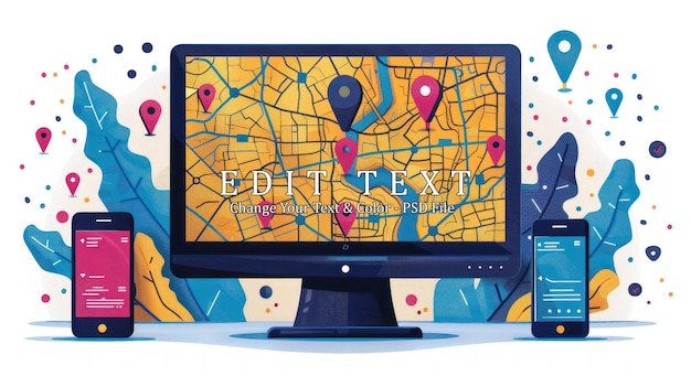 a desktop computer and two smartphones displaying maps with location markers