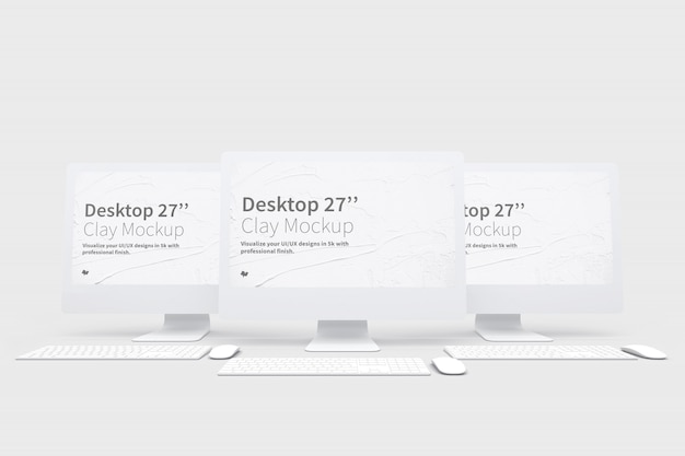 PSD desktop computers mockup with keyboard and mouse