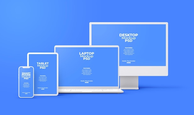 PSD desktop laptop tablet smartphone multi devices screen mockup template with editable background psd